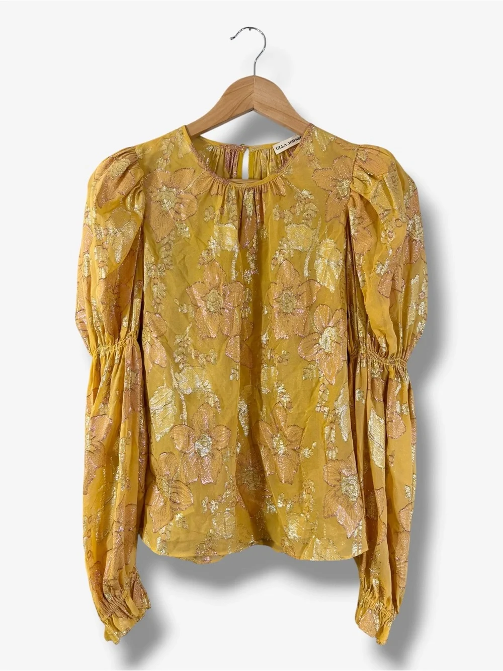 Ulla Johnson Aster Citrine Metallic Floral Silk Blouse Size 2 Gold Puff Sleeve